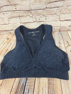 Interval Sports Bra Size Large Blue V-Cut Made In USA Lightly Padded